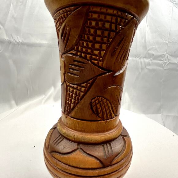 Wood Vase Vintage Hand Carved handmade floral design art unused - Picture 7 of 10